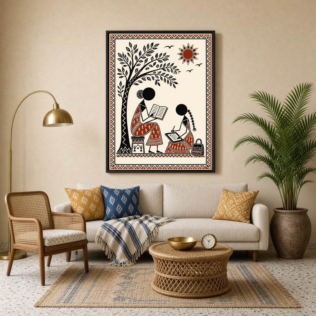 Immerse yourself in the serene beauty of Warli art with this captivating scene of two figures for Living Room