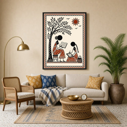 Immerse yourself in the serene beauty of Warli art with this captivating scene of two figures for Living Room