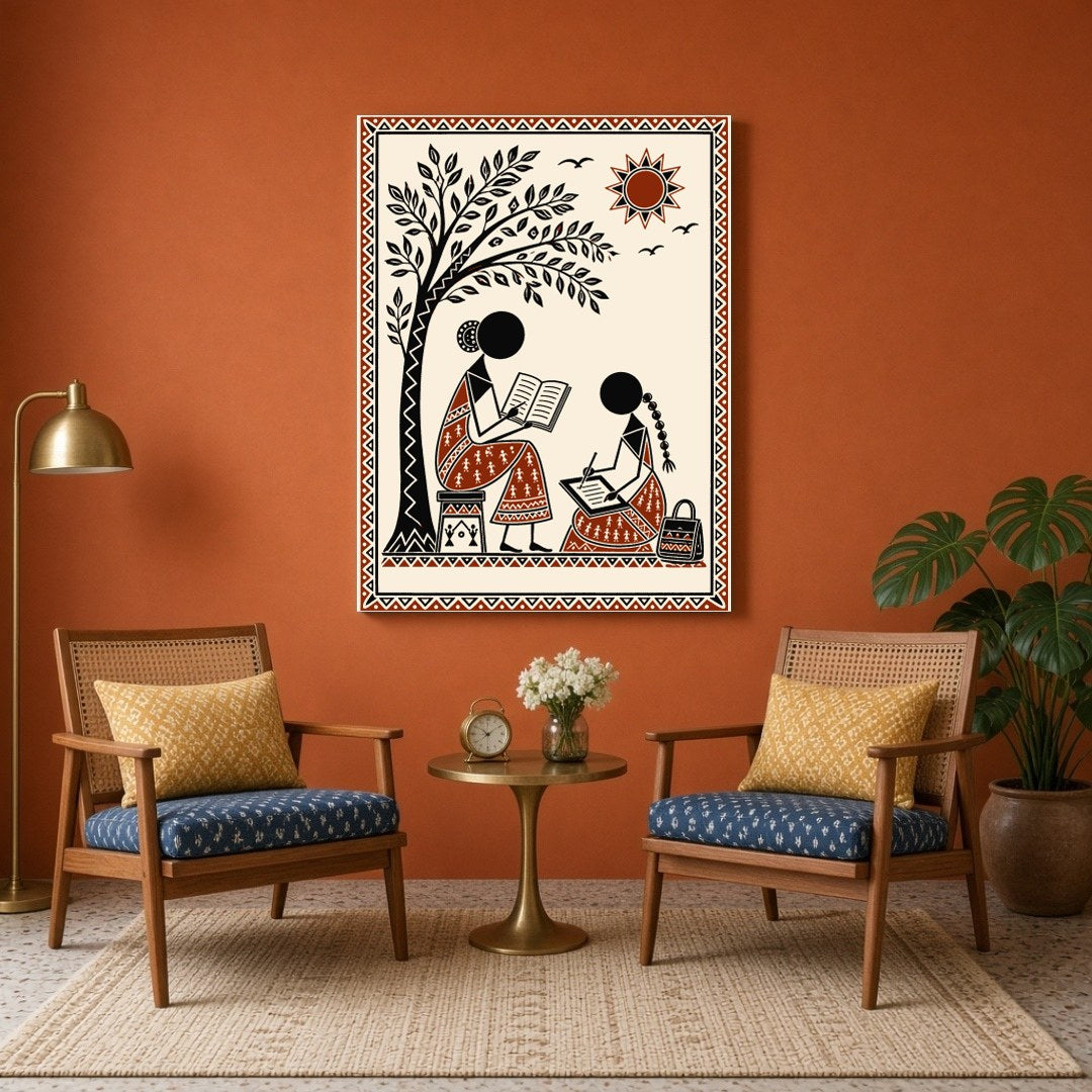 Immerse yourself in the serene beauty of Warli art with this captivating scene of two figures for Sitting Area