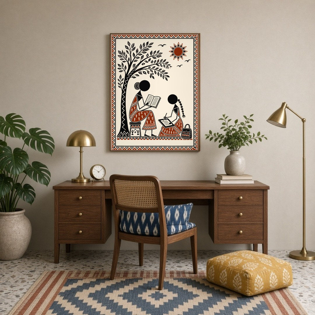 Immerse yourself in the serene beauty of Warli art with this captivating scene of two figures for Study