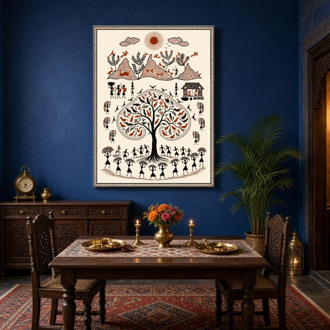 Capture the timeless beauty of rural life with this stunning Warli-inspired art print. Featuring a for Dining