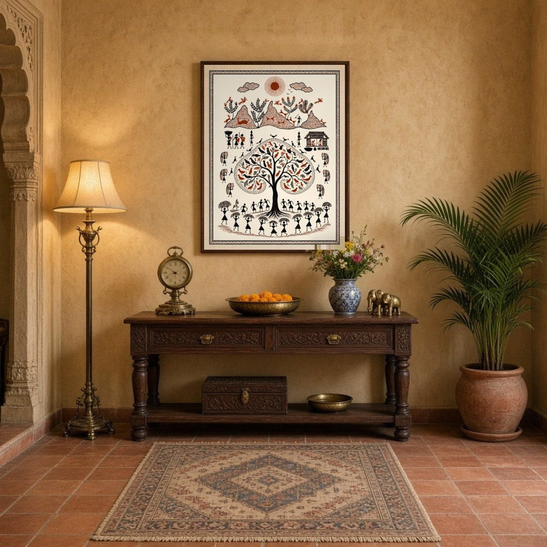 Capture the timeless beauty of rural life with this stunning Warli-inspired art print. Featuring a for Entrance
