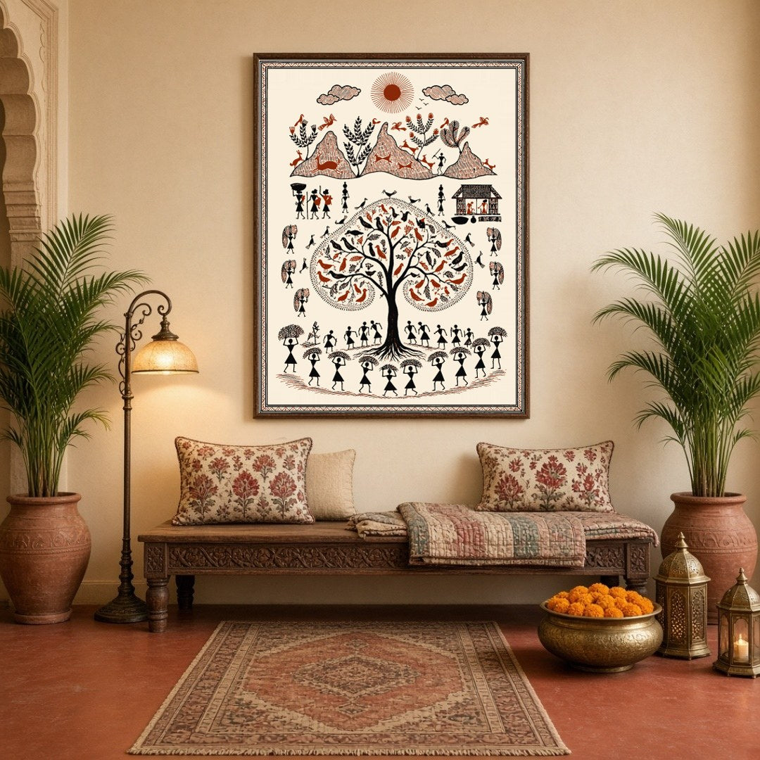 Capture the timeless beauty of rural life with this stunning Warli-inspired art print. Featuring a for Hallway