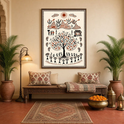 Capture the timeless beauty of rural life with this stunning Warli-inspired art print. Featuring a for Hallway