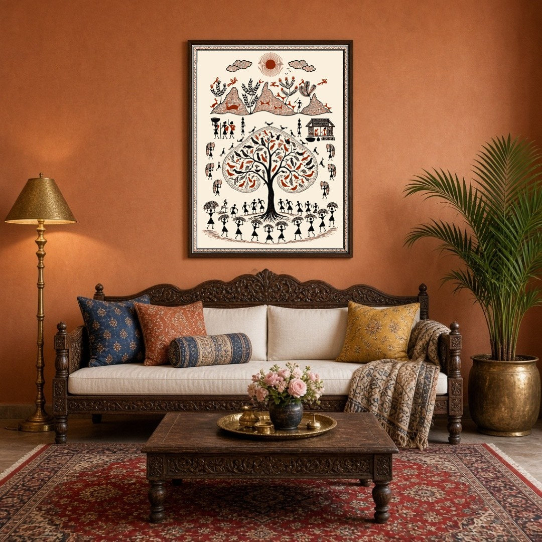 Capture the timeless beauty of rural life with this stunning Warli-inspired art print. Featuring a for Living Room
