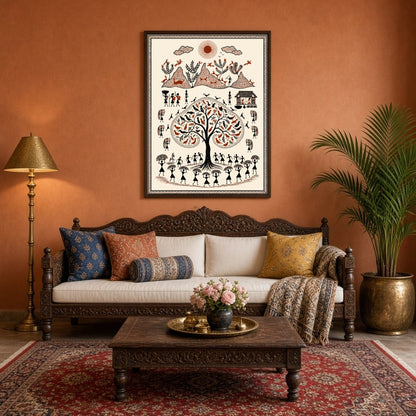 Capture the timeless beauty of rural life with this stunning Warli-inspired art print. Featuring a for Living Room