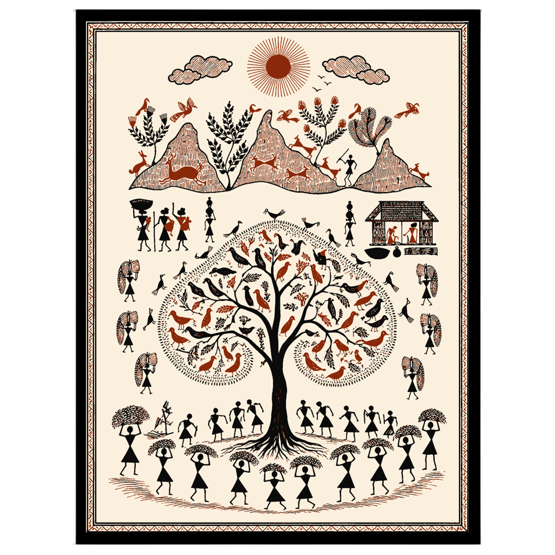 Capture the timeless beauty of rural life with this stunning Warli-inspired art print. Featuring a for residence