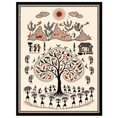 Capture the timeless beauty of rural life with this stunning Warli-inspired art print. Featuring a for residence
