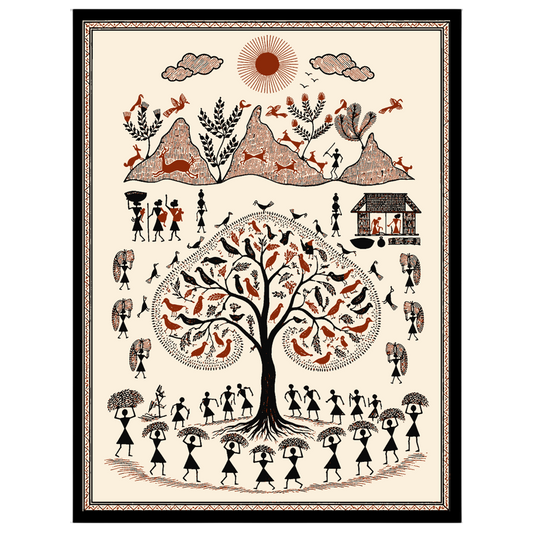 Capture the timeless beauty of rural life with this stunning Warli-inspired art print. Featuring a for residence