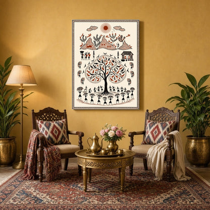 Capture the timeless beauty of rural life with this stunning Warli-inspired art print. Featuring a for Sitting Area