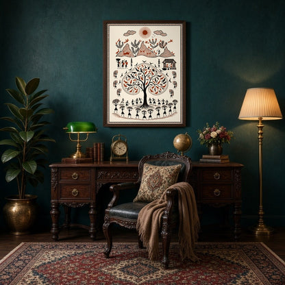 Capture the timeless beauty of rural life with this stunning Warli-inspired art print. Featuring a for Study