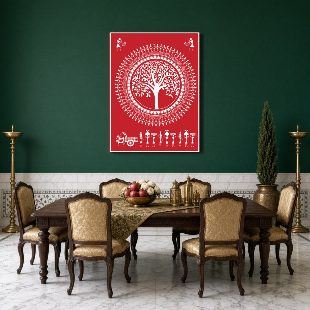 Immerse yourself in the enchanting rhythms of village life with this Warli Art print. The intricate for Dining