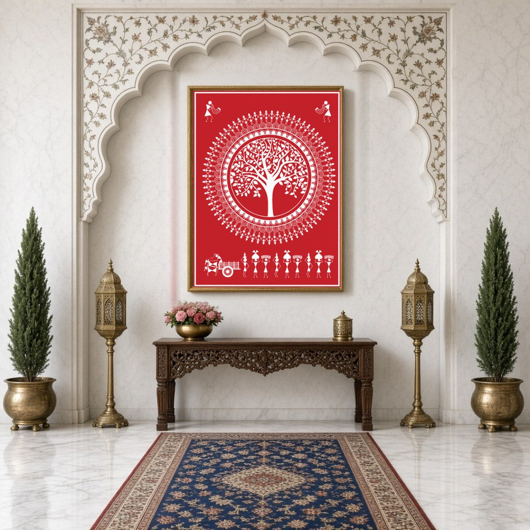 Immerse yourself in the enchanting rhythms of village life with this Warli Art print. The intricate for Hallway