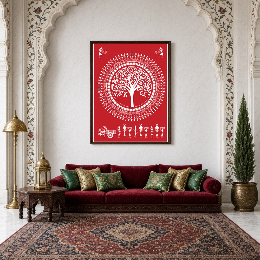 Immerse yourself in the enchanting rhythms of village life with this Warli Art print. The intricate for Living Room