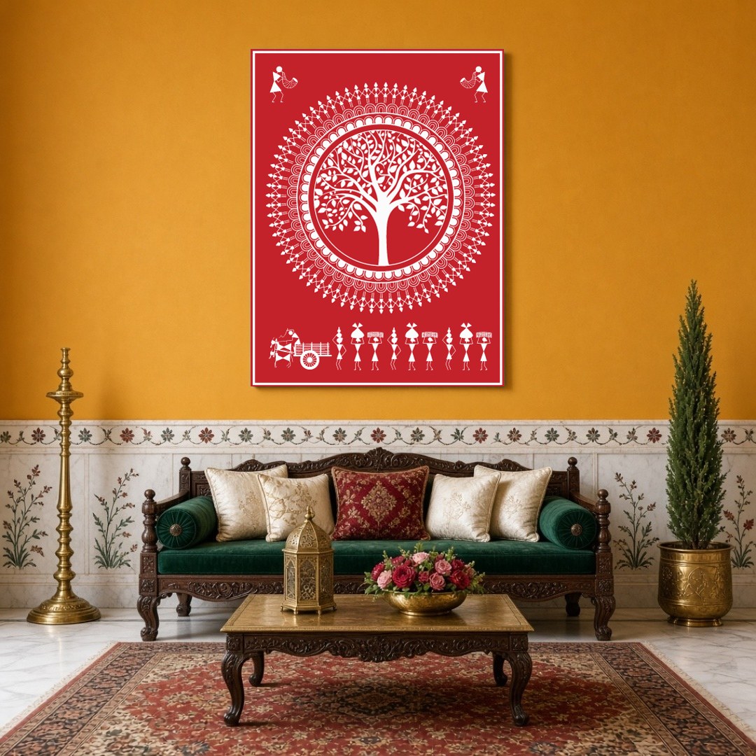 Immerse yourself in the enchanting rhythms of village life with this Warli Art print. The intricate for Sitting Area