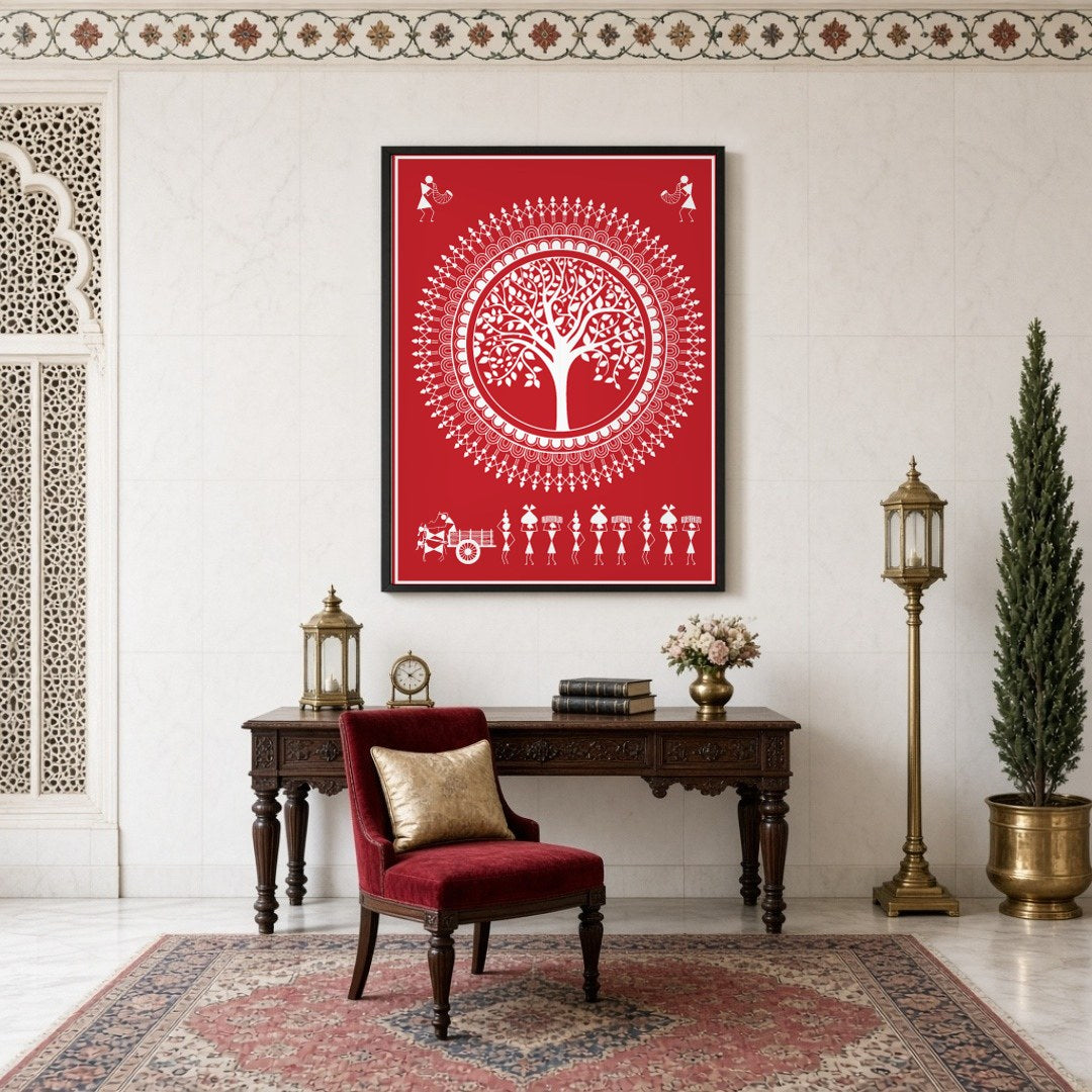 Immerse yourself in the enchanting rhythms of village life with this Warli Art print. The intricate for Study