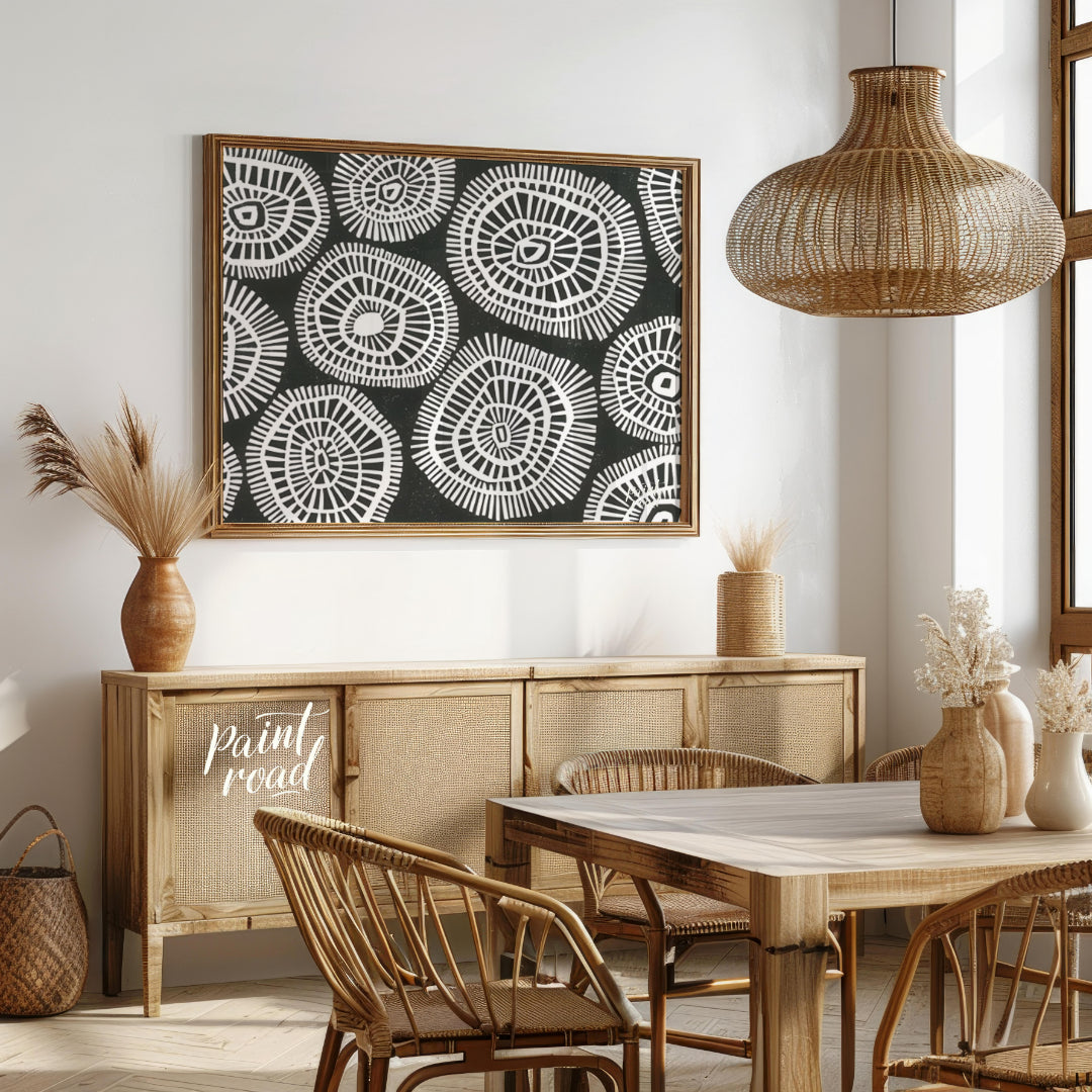 """Tribal Circles"" features a striking black and white pattern of stylized circular motifs, remini… for dining room