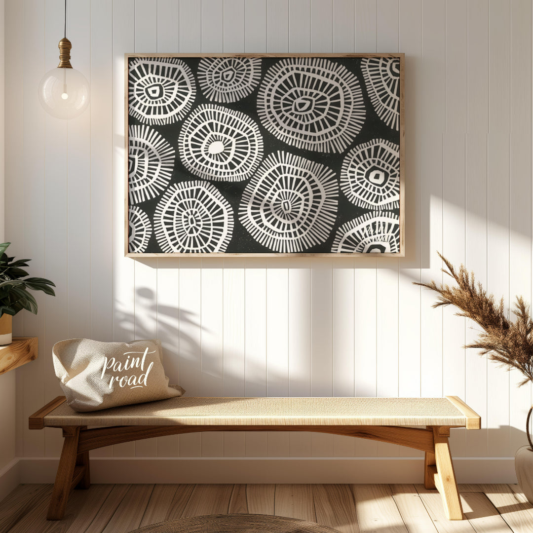 """Tribal Circles"" features a striking black and white pattern of stylized circular motifs, remini… for entryway