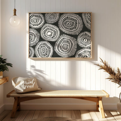 """Tribal Circles"" features a striking black and white pattern of stylized circular motifs, remini… for entryway