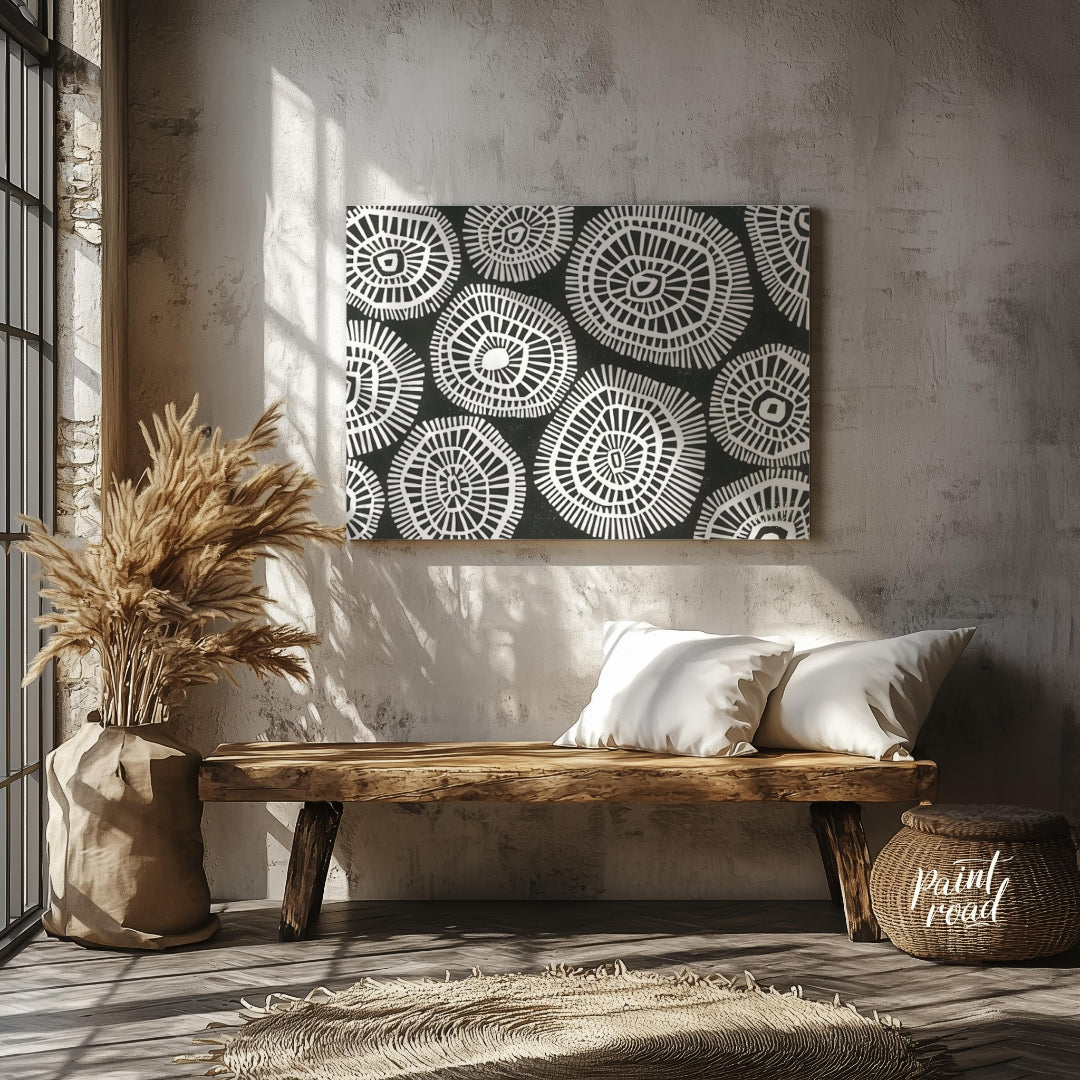 """Tribal Circles"" features a striking black and white pattern of stylized circular motifs, remini… for entryway