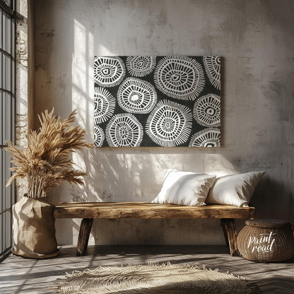 """Tribal Circles"" features a striking black and white pattern of stylized circular motifs, remini… for entryway