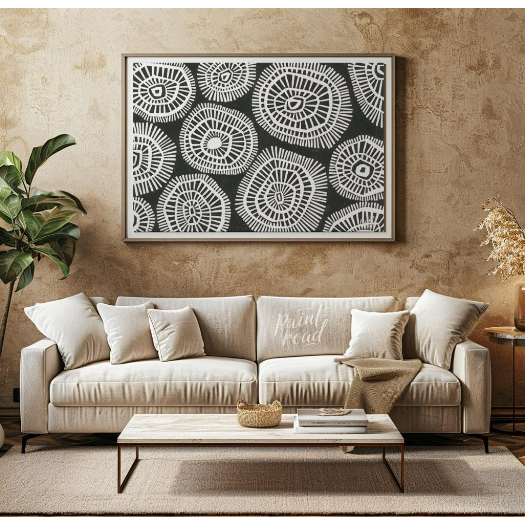 """Tribal Circles"" features a striking black and white pattern of stylized circular motifs, remini… for living room