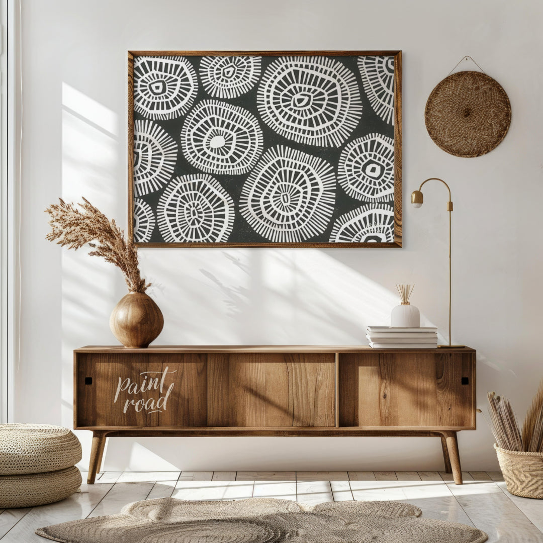 """Tribal Circles"" features a striking black and white pattern of stylized circular motifs, remini… for living room