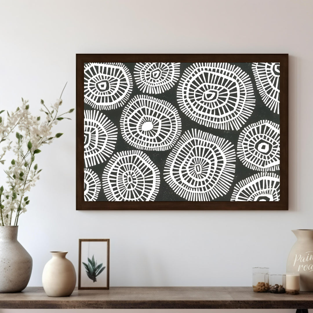 """Tribal Circles"" features a striking black and white pattern of stylized circular motifs, remini… for other
