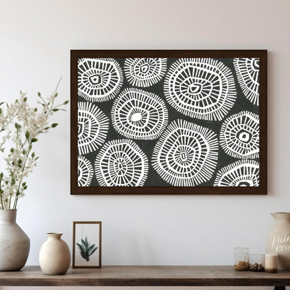 """Tribal Circles"" features a striking black and white pattern of stylized circular motifs, remini… for other
