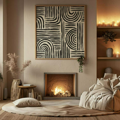 This artwork features a bold, abstract pattern of black lines against a white background, creating … for area