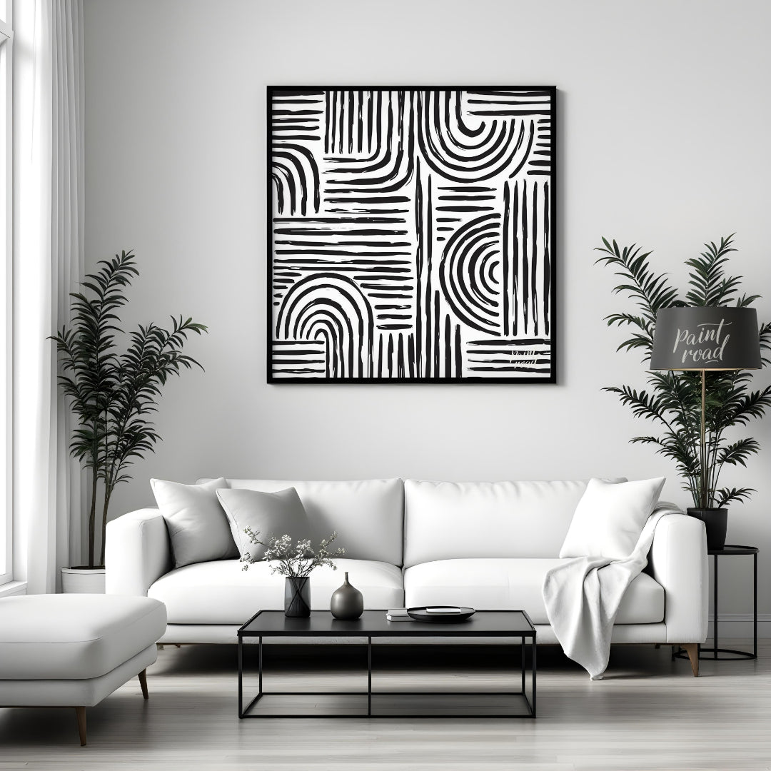 This artwork features a bold, abstract pattern of black lines against a white background, creating … for house