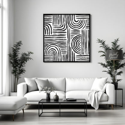 This artwork features a bold, abstract pattern of black lines against a white background, creating … for house