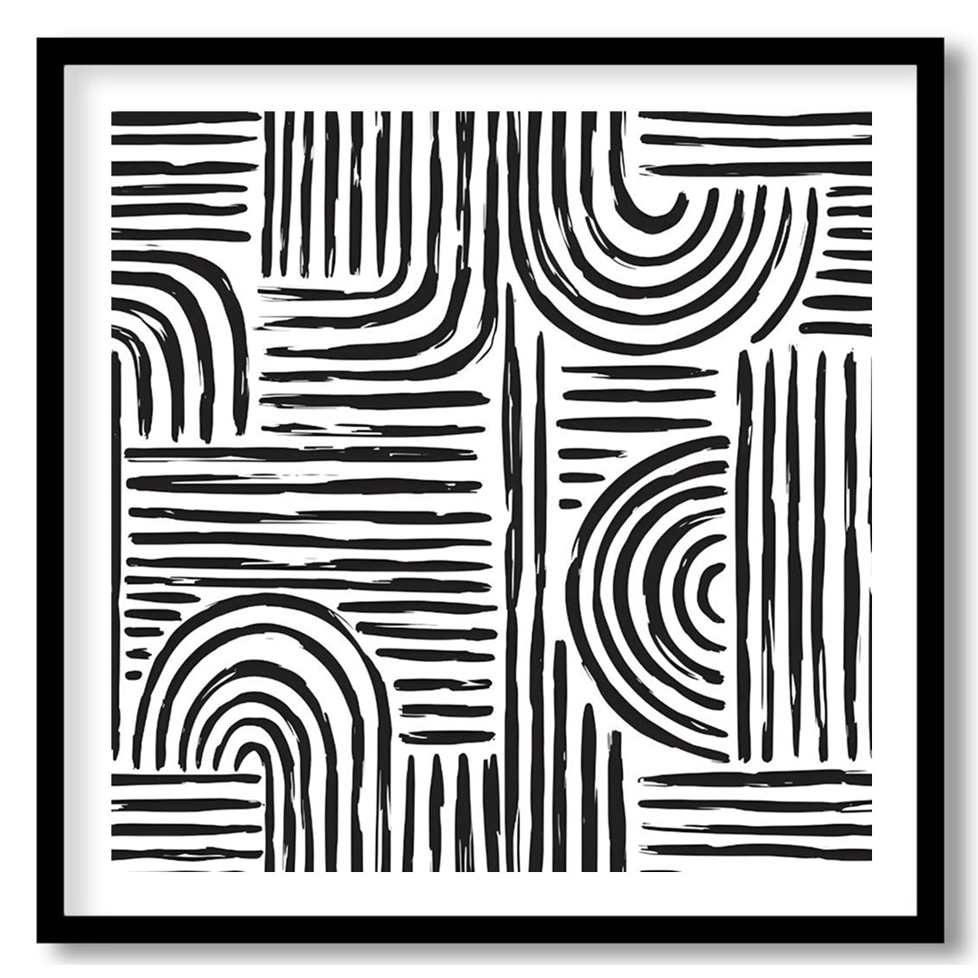 This artwork features a bold, abstract pattern of black lines against a white background, creating … for place