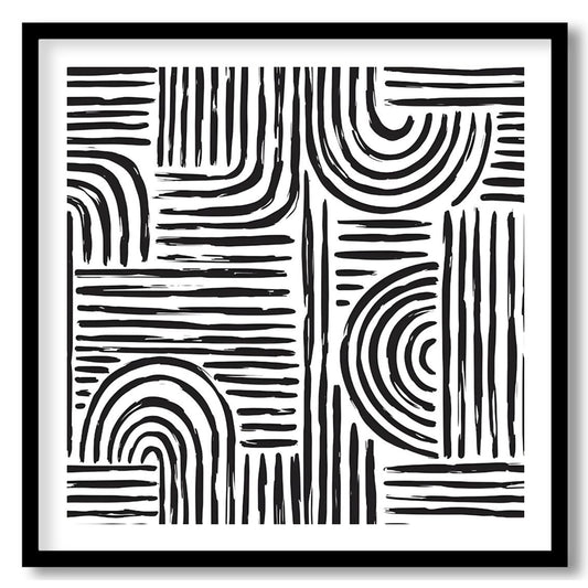 This artwork features a bold, abstract pattern of black lines against a white background, creating … for place