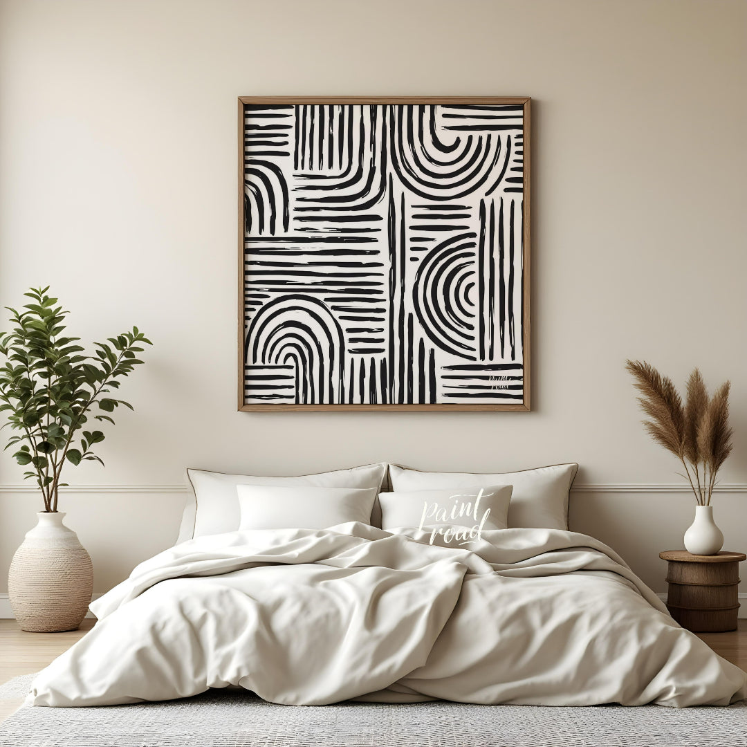This artwork features a bold, abstract pattern of black lines against a white background, creating … for place