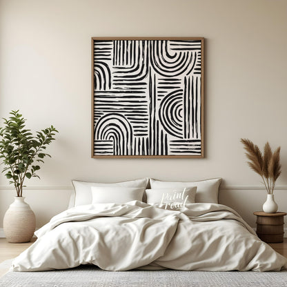 This artwork features a bold, abstract pattern of black lines against a white background, creating … for place