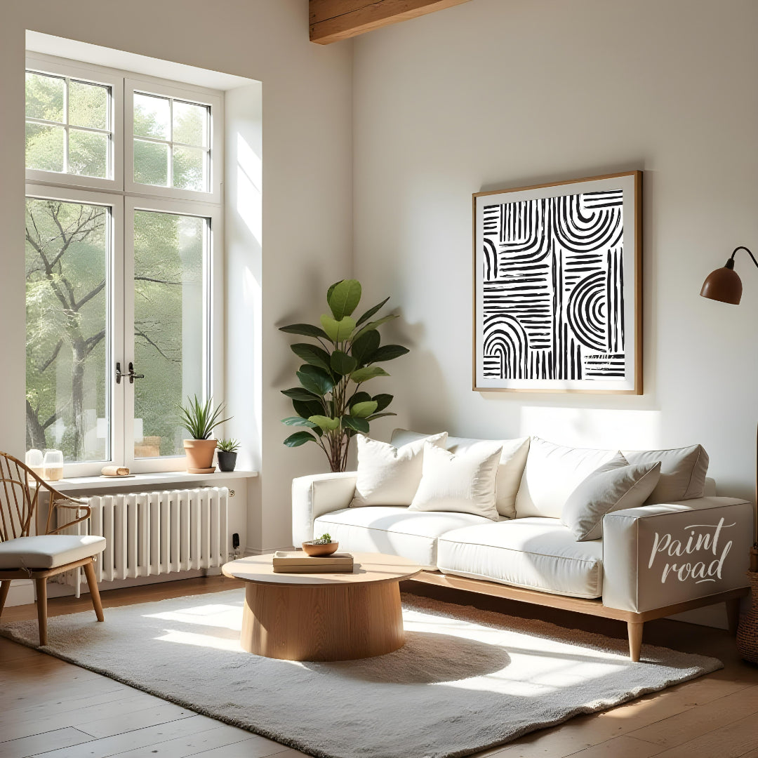This artwork features a bold, abstract pattern of black lines against a white background, creating … for room