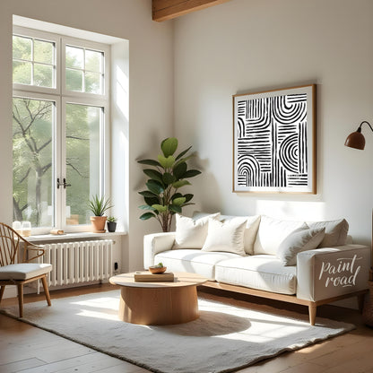 This artwork features a bold, abstract pattern of black lines against a white background, creating … for room
