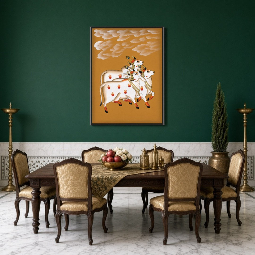 Discover the elegance of Pichwai art in this captivating piece featuring three sacred cows. Set for Dining