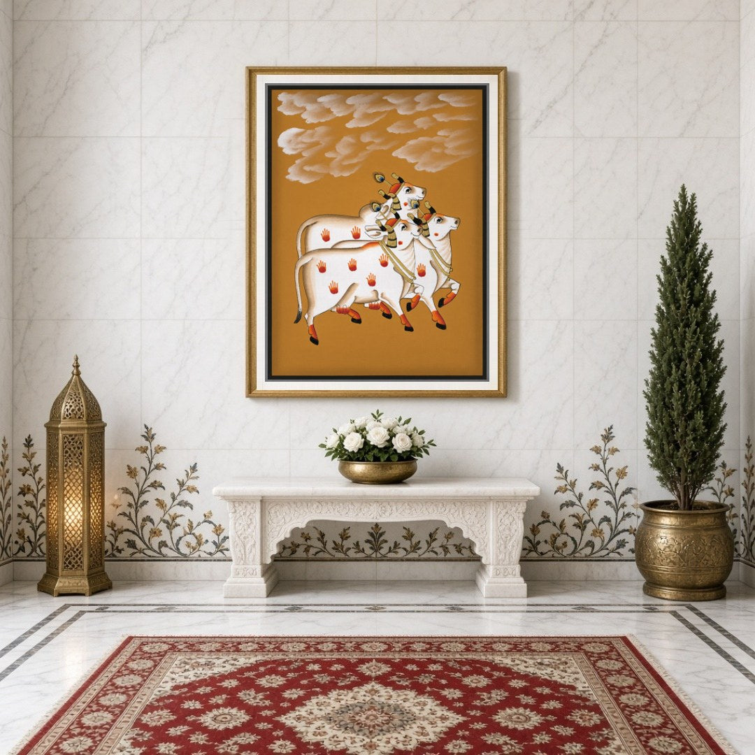 Discover the elegance of Pichwai art in this captivating piece featuring three sacred cows. Set for Entrance