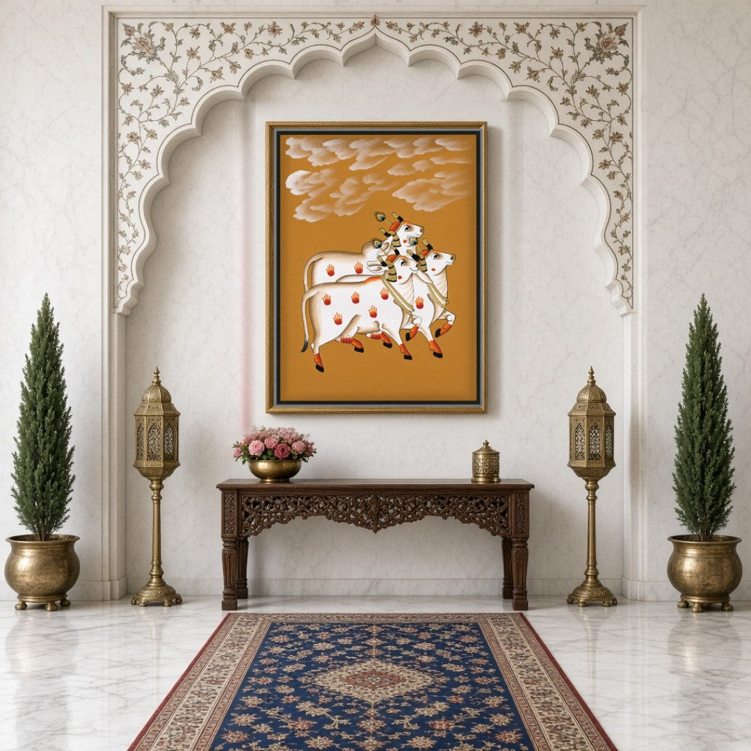 Discover the elegance of Pichwai art in this captivating piece featuring three sacred cows. Set for Hallway
