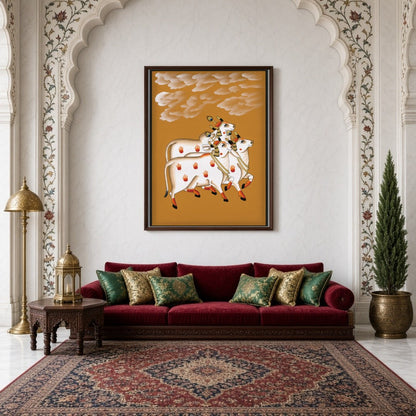 Discover the elegance of Pichwai art in this captivating piece featuring three sacred cows. Set for Living Room