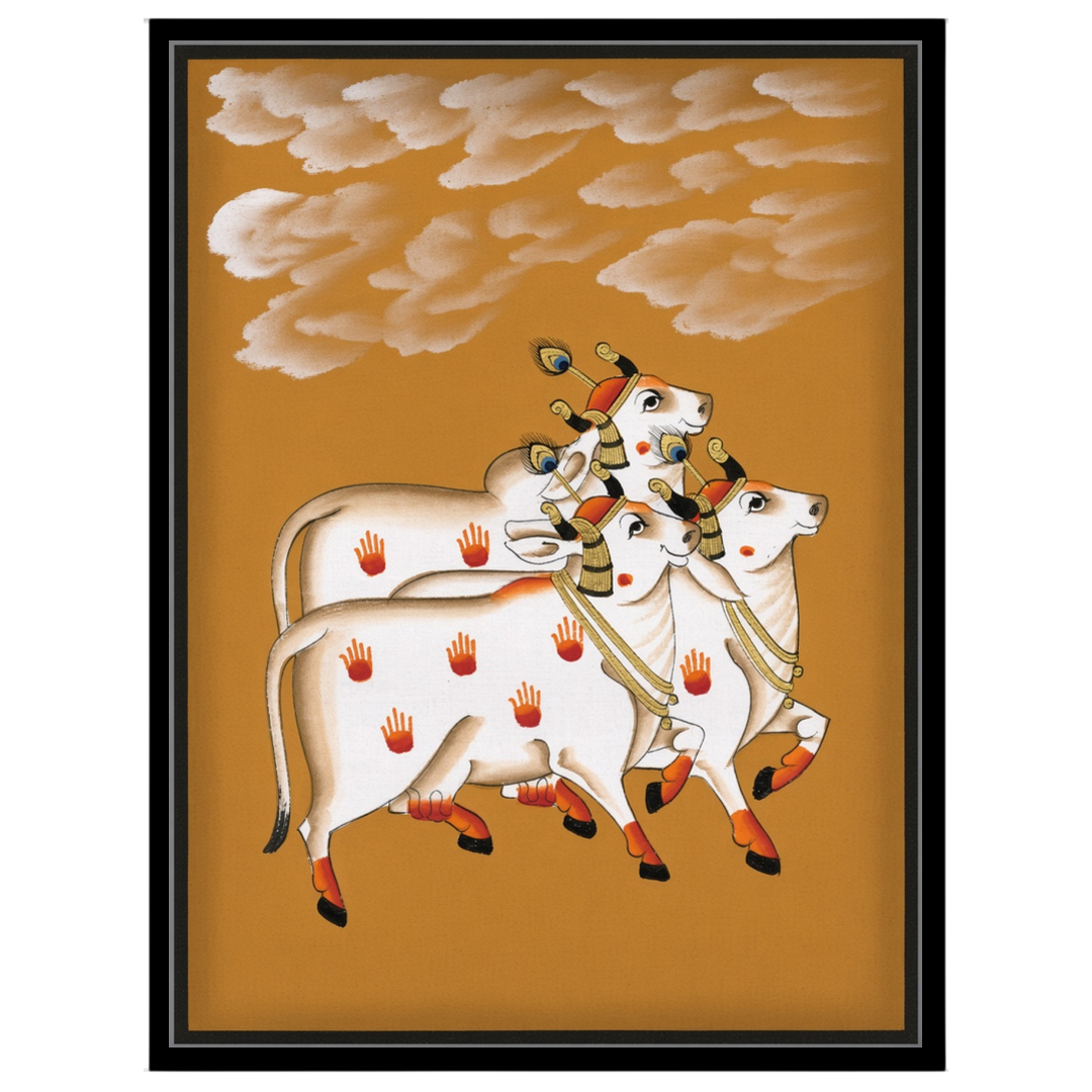 Discover the elegance of Pichwai art in this captivating piece featuring three sacred cows. Set for retreat