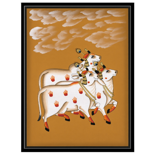 Discover the elegance of Pichwai art in this captivating piece featuring three sacred cows. Set for retreat