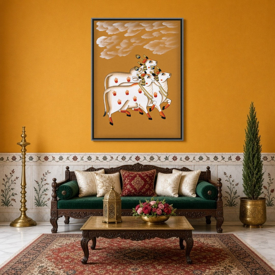 Discover the elegance of Pichwai art in this captivating piece featuring three sacred cows. Set for Sitting Area
