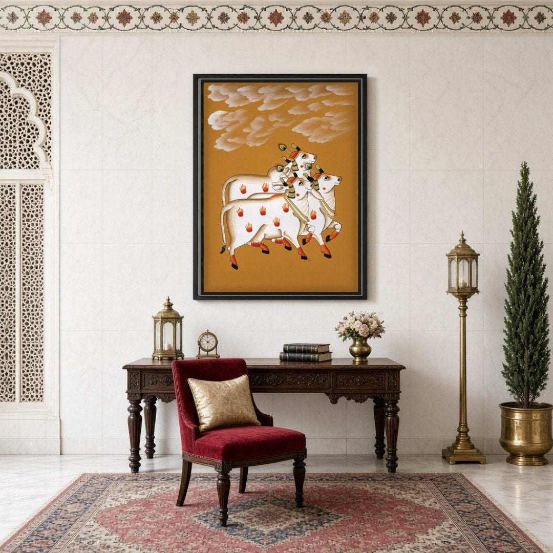 Discover the elegance of Pichwai art in this captivating piece featuring three sacred cows. Set for Study