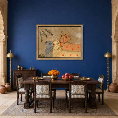 Elevate your space with this exquisite Pichwai artwork, showcasing a trio of Kamdhenu cows amidst a for Dining