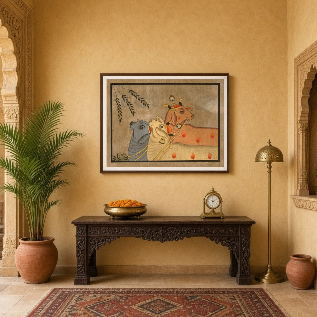 Elevate your space with this exquisite Pichwai artwork, showcasing a trio of Kamdhenu cows amidst a for Entrance