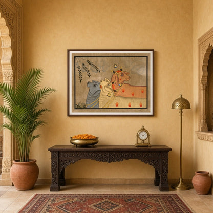 Elevate your space with this exquisite Pichwai artwork, showcasing a trio of Kamdhenu cows amidst a for Entrance