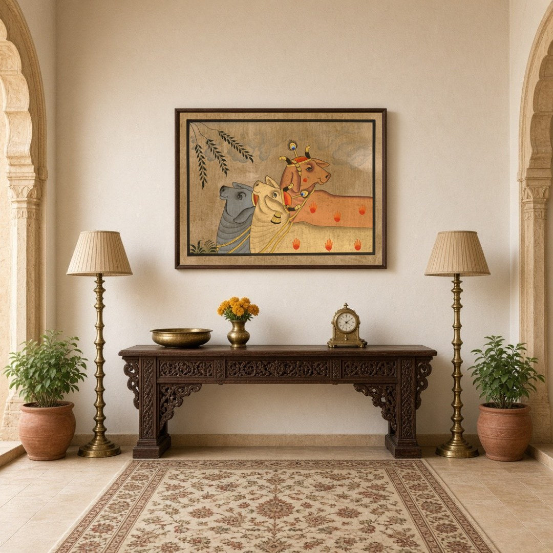 Elevate your space with this exquisite Pichwai artwork, showcasing a trio of Kamdhenu cows amidst a for Hallway